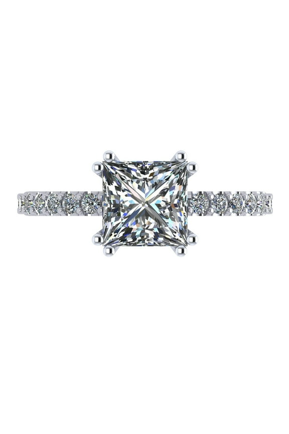 Silver 6mm (1.50ct) Princess Cut Pure Brilliance Zirconia Solitaire W/Sides Engagement Ring Rhodium Plated Size 4