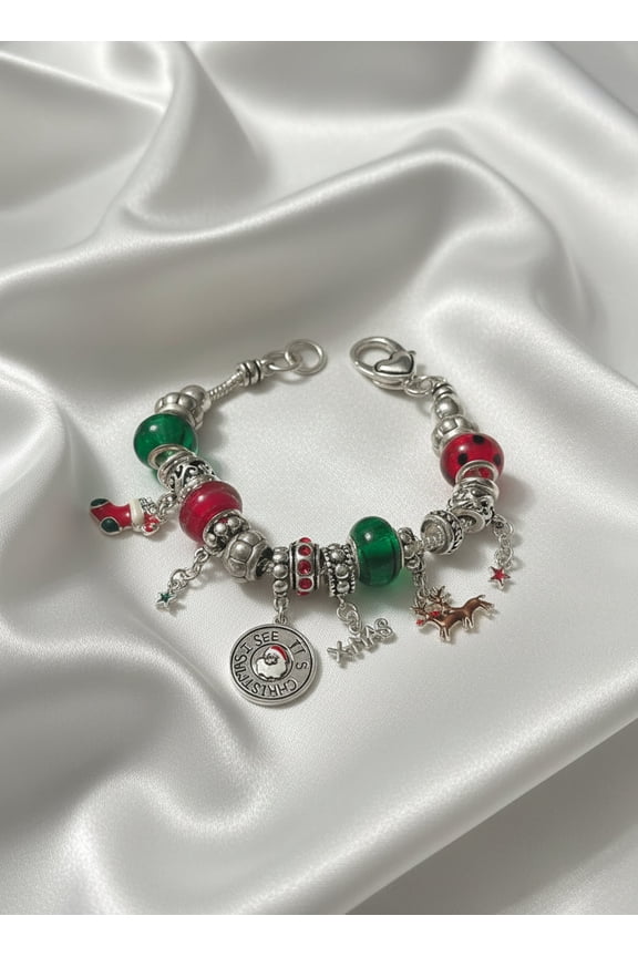 Silver 7 1/2" chain multi colored bead Santa Christmas bracelet