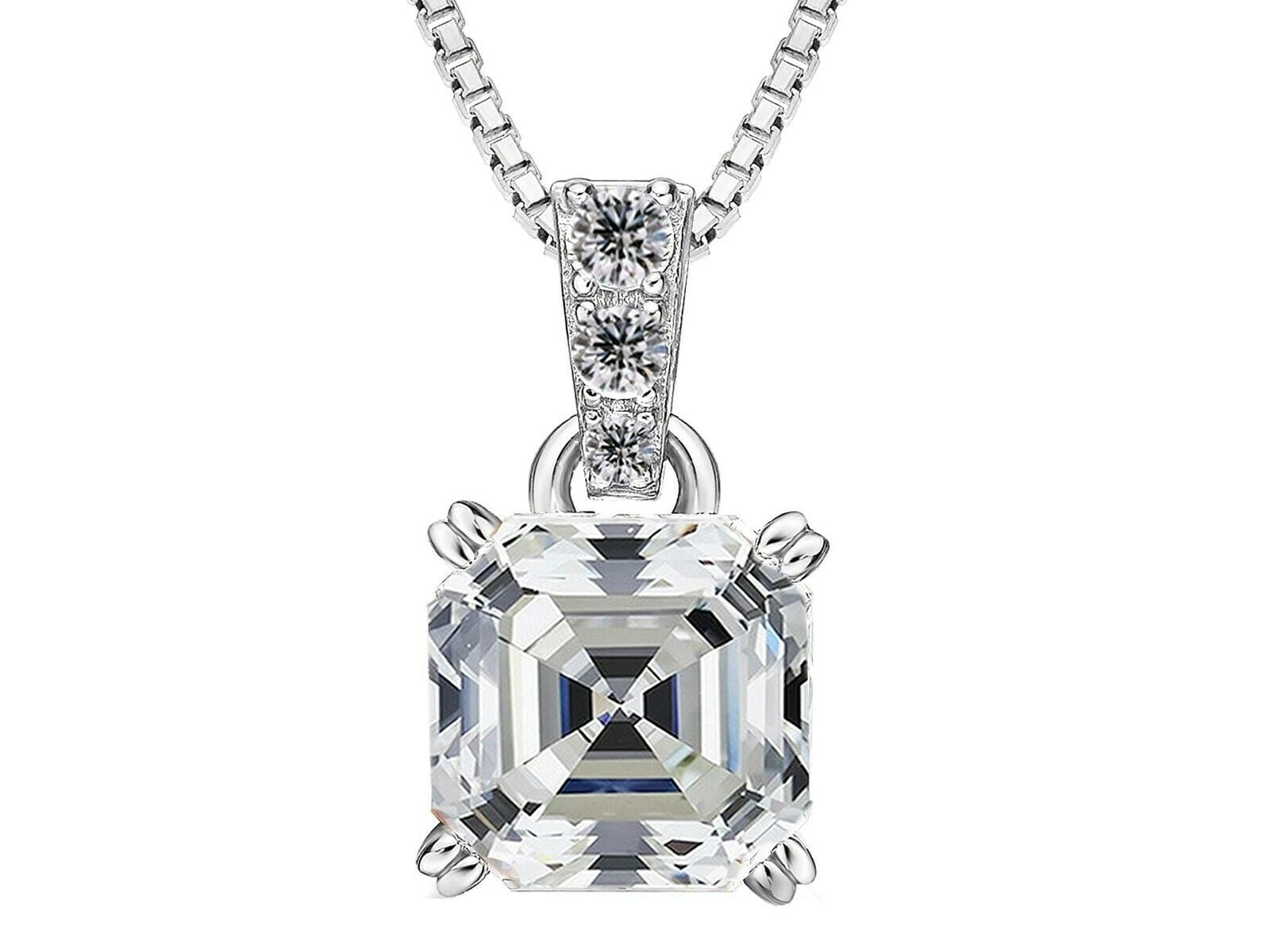 Asscher Cut Solitaire Pendant Necklace - 7mm (2ct Look) Cubic Zirconia With 22" Adjustable Chain, Rhodium Plated Silver - View #9