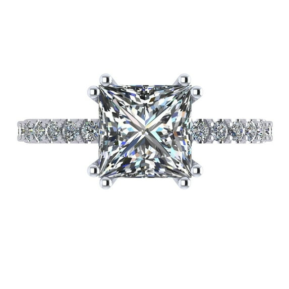 Silver 7mm (2ct) Princess Cut Pure Brilliance Zirconia Solitaire W/Sides Engagement Ring Rhodium Plated Size 5.5