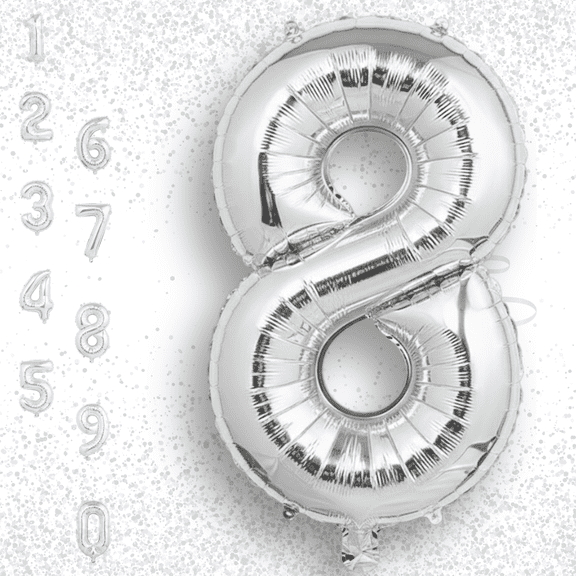 Silver Number 8 Mylar Foil Balloon 32 inch - Helium or Air Filled Metallic Balloons for Kids 8th Birthday Party, Anniversary, Graduation Decorations