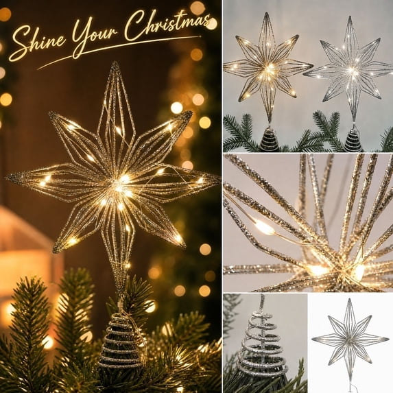 Silver 8-Pointed Christmas Tree Topper with Led Lights and Glittered ...