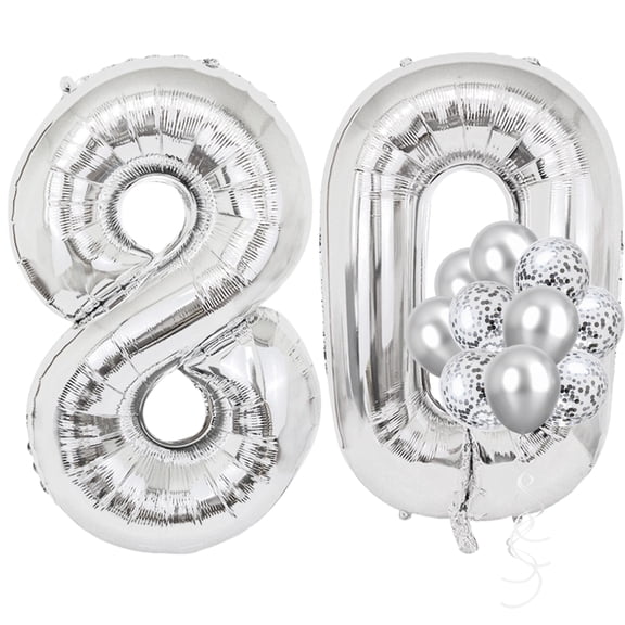 Silver 80th Birthday Decorations Big 32 Inch 80 Foil Balloons with Confetti Silver Dots Latex Balloons for Cheers to Eighty 80 Years Old Birthday Happy 80th Anniversary Party Supplies