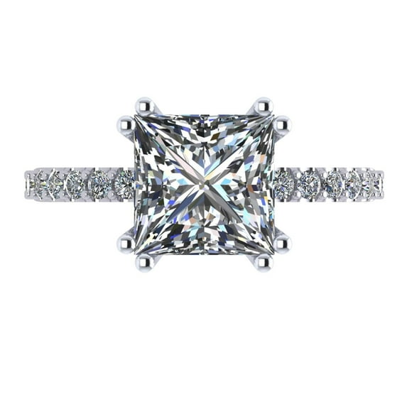 Silver 8mm (3ct) Princess Cut Pure Brilliance Zirconia Solitaire W/Sides Engagement Ring Rhodium Plated Size 4