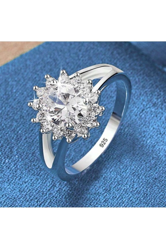 Silver 925 Sterling Silver Plated Cubic Zirconia Sunflower Ring For Wedding Engagement Or Gift