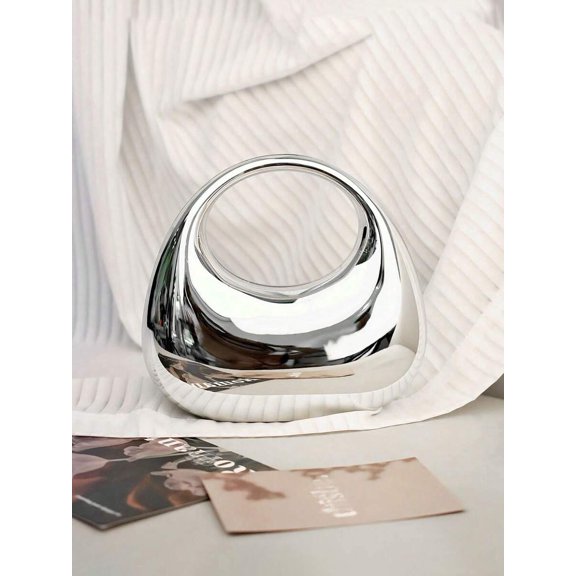 Silver Acrylic Crescent Moon Clutch Bag, Cut-Out Handle Design, Evening
