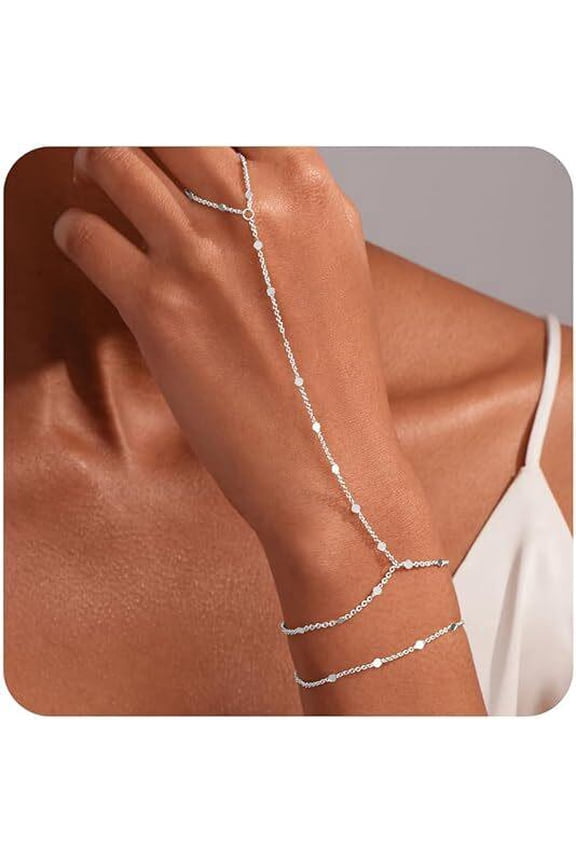 Silver Adjustable Boho Chain Link Ring to Bracelet Hand Jewelry for Women Festival Pirate Halloween Christmas Gift