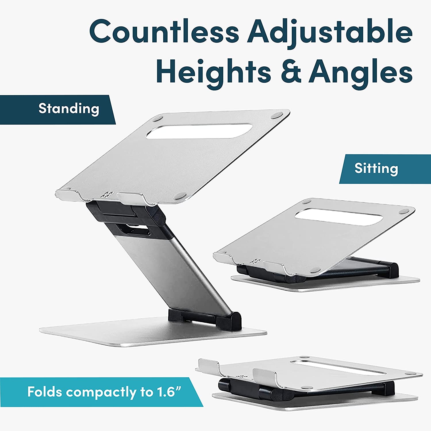 Silver Adjustable Laptop Stand for Desk+Ergonomic Sit to Stand, 2.1"-13.8" Height, 22lbs Capacity, Compatible with MacBook 11-17" Laptops & Tablets
