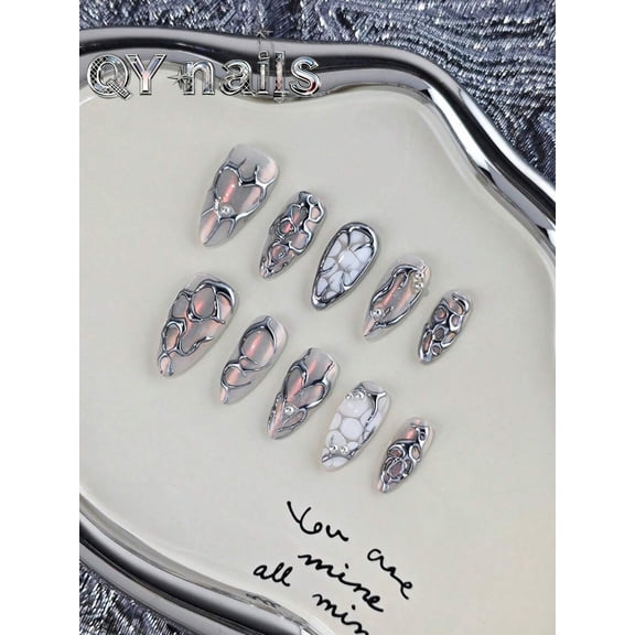 Silver Almond Press-On Nails With Metallic Vein Design, 10pcs Set