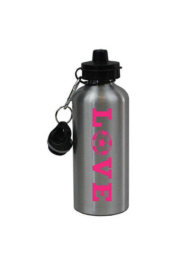 Silver Aluminum Hot Pink LOVE Soccer, 20-Ounce (600 ML) Sport Water Bottle with Sports Top, Carabiner
