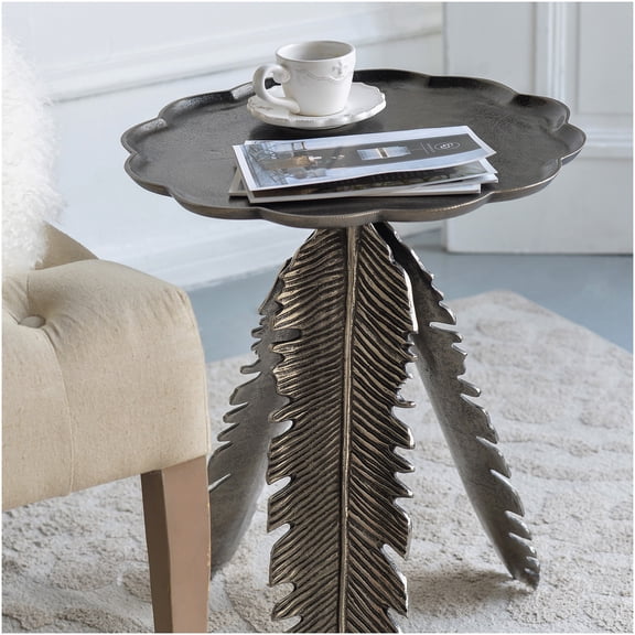 Silver Aluminum Leaf Design Accent Table, Round End Table for Living Room with Natural Inspired Decor
