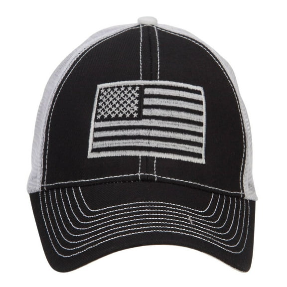 Silver American Flag Embroidered Trucker Cap - Black White OSFM