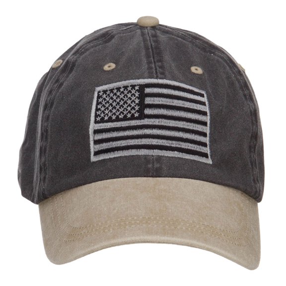 Silver American Flag Embroidered Washed Two Tone Cap - Black Khaki OSFM