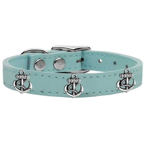 Silver Anchor Widget Genuine Leather Dog Collar Size 22 Baby Blue