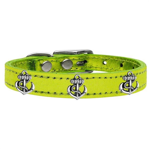 Silver Anchor Widget Genuine Metallic Leather Dog Collar, Lime Green - Size 14