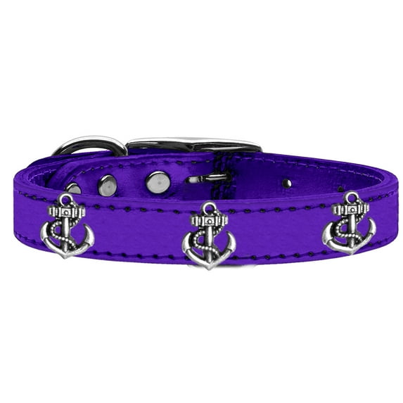 Silver Anchor Widget Genuine Metallic Leather Dog Collar Purple 26