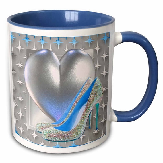 3drose, Silver and Blue Toned Heart and Bling Shoe, 15oz Two-tone Blue Mug