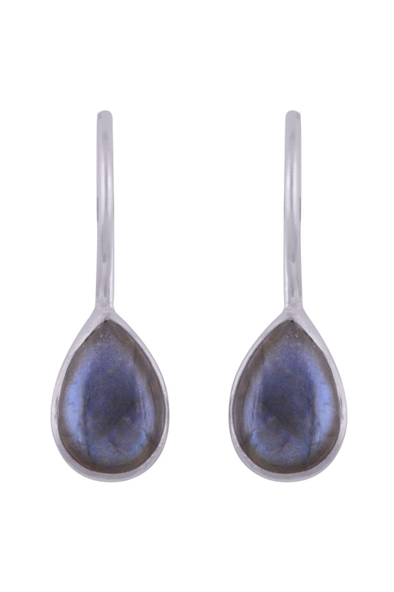 Silver And Gem Exports Natural Blue Flash Labradorite 7x10mm Cabochon Pear/Drop Shape Gemstone in Alluring Bezel Setting Handmade 925 Sterling Silver Hook Closure Dangle Earrings Jewellery For Womens