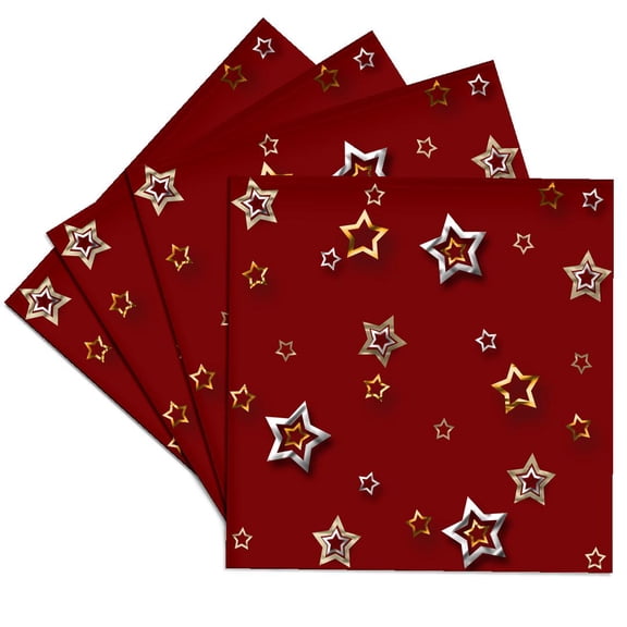 3drose, Silver and Gold Color Stars on Red, Set of 4 Ceramic Tile Coasters