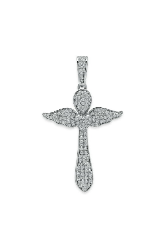 Silver Angel Winged Cross with Heart Pendant - Cubic Zirconia Stones - 925 Sterling Silver - Cross Pendant