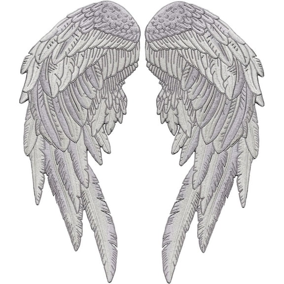Silver Angel Wings 12 | "Saints & Sinners" Realistic Wings and Feathers Guardian Angels Patches | Back Patch for Men and Women Iron On Embroidered | Large 2pc. Set - by Nixon Thread Co.