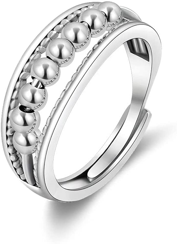 YXWLKJ Silver Anxiety Ring for Women, 925 Sterling Silver Fidget Ring for Anxiety, Adjustable Beads Stress Relieving Spinner Ring, Cubic Zirconia Thumb Rings for Stress Relief, Silver Fidget Ring