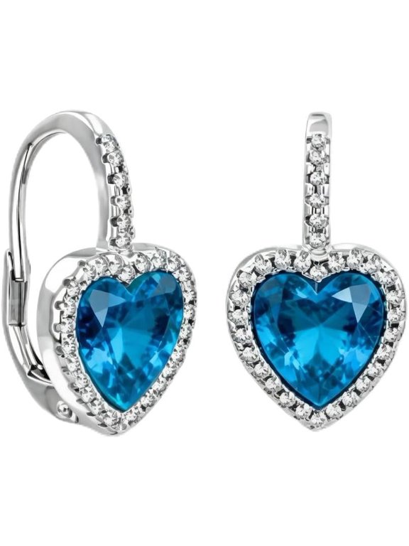 Silver Aquamarine Heart Dangle Earring Blue Gemstone Lever Back Dangle Earring for Women March Birthstone Jewelry for Her Mom Ladies Valentines Day Mothers Day Christmas