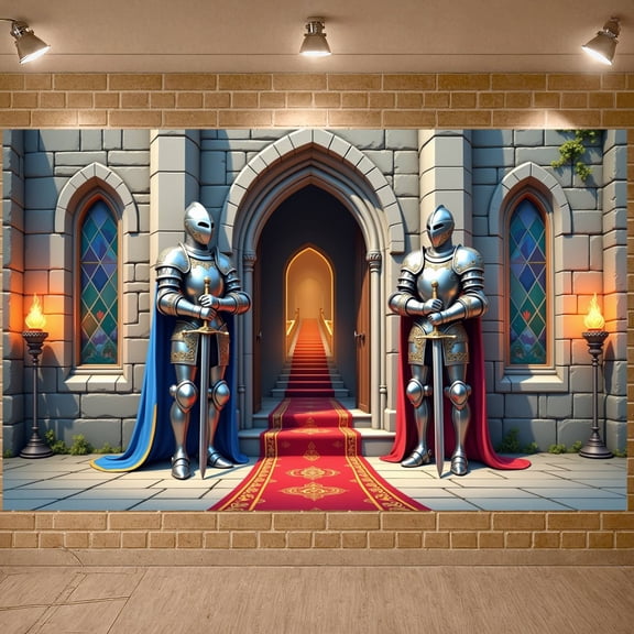 Silver Armored Royal Knight Banner Golden Embellished Castle Celebration Backdrop Stained Glass Medieval Event Display for Medieval Themed Parties Royal Castle Events Role-playing Activities