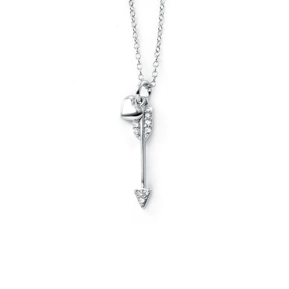 Silver Arrow Heart Pendant Necklace - 925 Sterling Silver/Cubic Zirconia Stones - Arrow Necklace