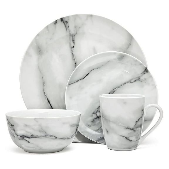 Silver Art Marble Design 16 Piece Dinner Set White