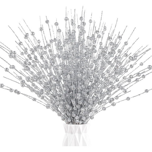 Silver Artificial Glitter Berry Stem Ornaments, 10 pack 19.7 inches Fake Christmas Picks Decorative Glitter Bead Sticks for Christmas Tree DIY Wreath Crafts Vase Gift Fireplace Holiday Home Decor