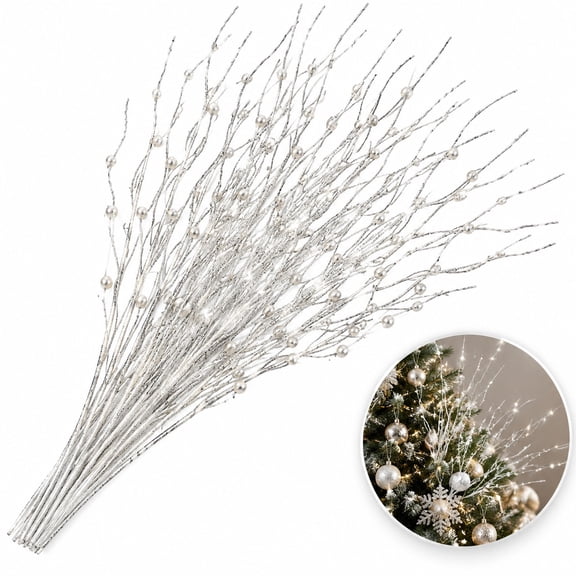 Silver Artificial Glitter Berry Stems, 24Pcs Fake Christmas Picks, Decorative Glitter Sticks for Vases Arrangement DIY Wreath Crafts Fireplace Holiday Decoration, 17inch