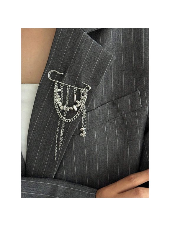 Silver Asymmetrical Multi-Chain Beaded Tassel Brooch Pin For Women Lapel Jewelry