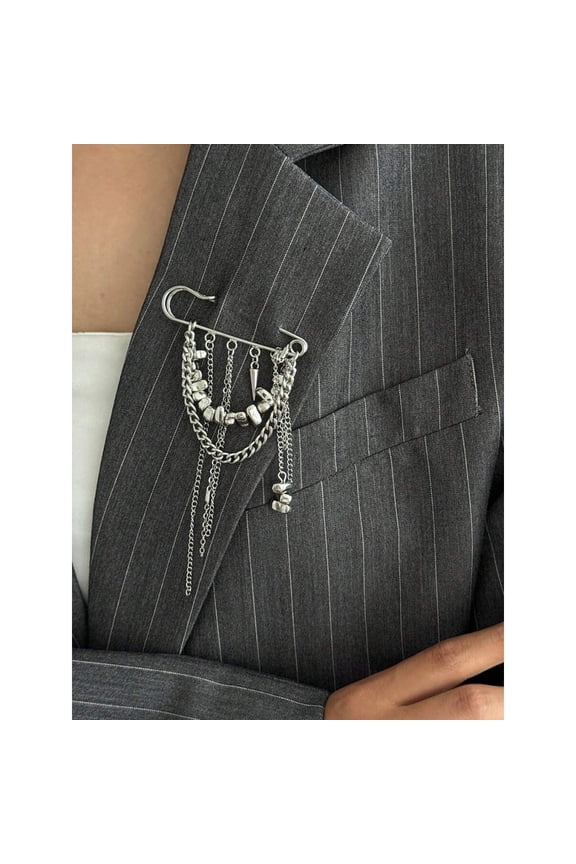 Silver Asymmetrical Multi-Chain Beaded Tassel Brooch Pin For Women Lapel Jewelry