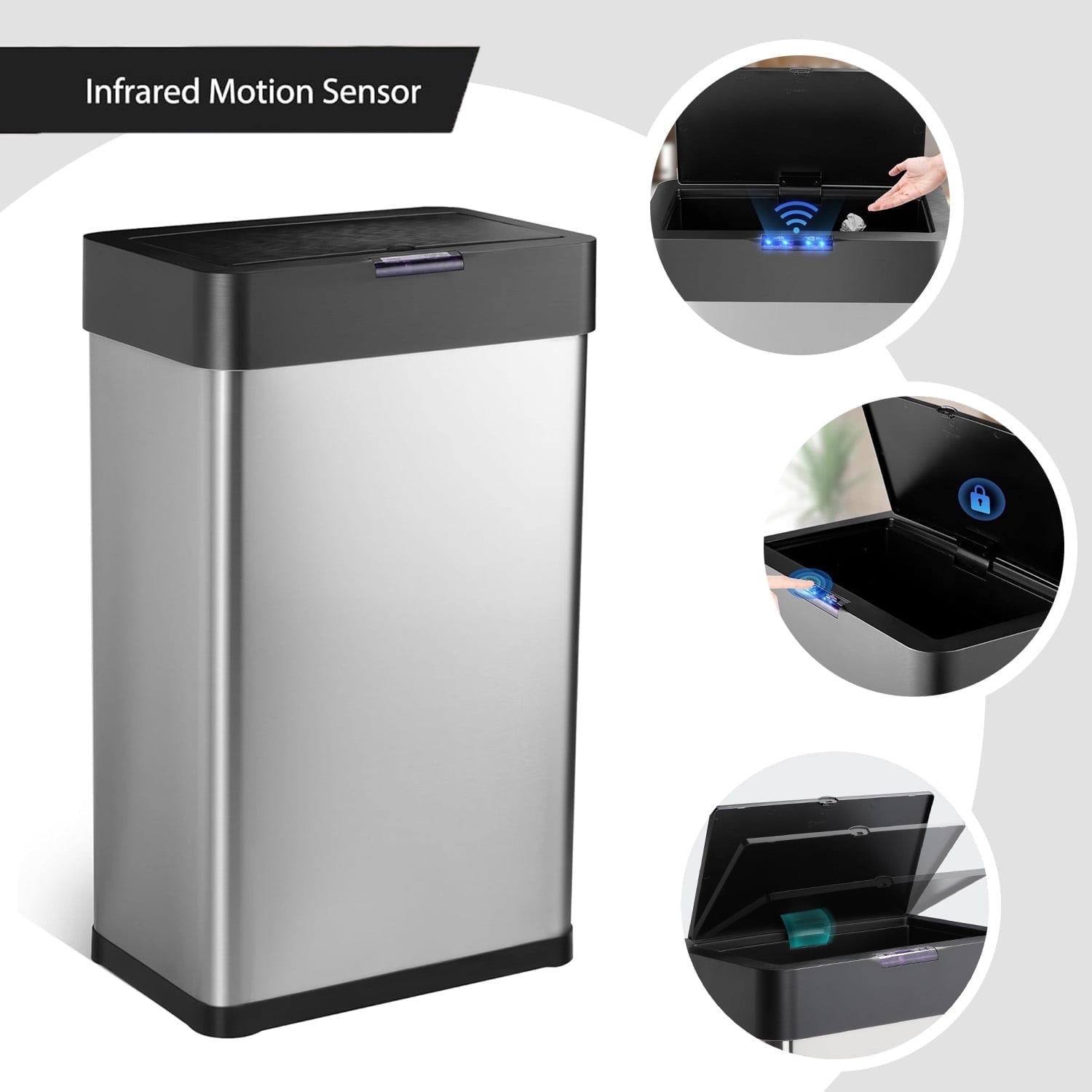 Silver Automatic Trash Can, Kitchen, Office, Bedroom Touchless Motion Sensor Trash Can Stainless Steel with Lid - 16 Gallon - Walmart.com