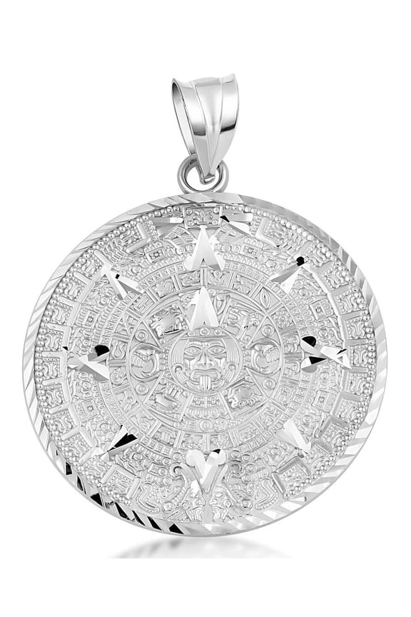 Silver Aztec Round Calendar Pendant Medallion Necklace (Large) - 20"