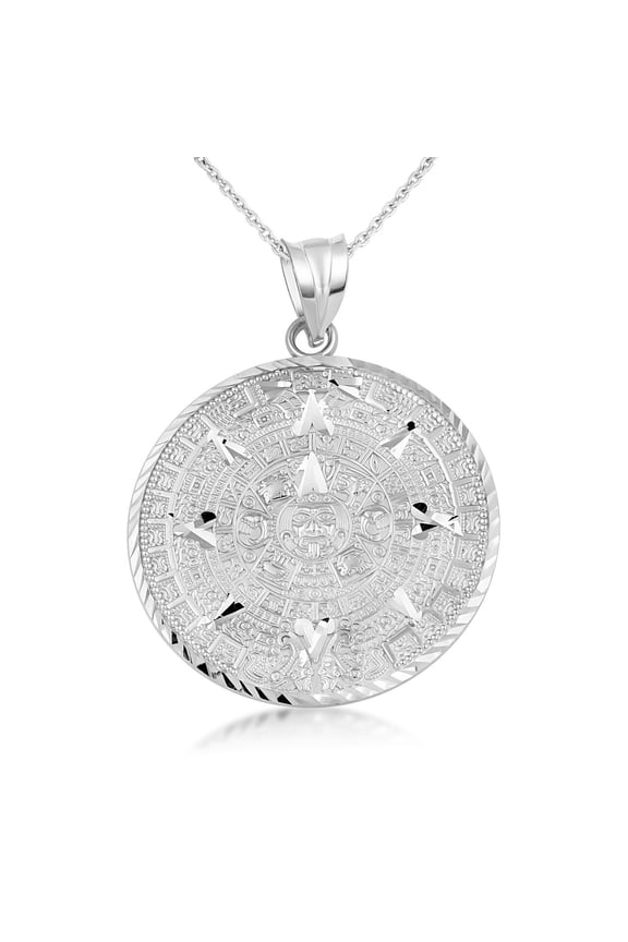 Silver Aztec Round Calendar Pendant Medallion Necklace (Small) - 16"