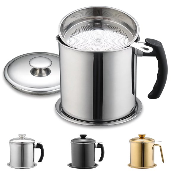 Silver Bacon Grease Container with Fine Strainer and lid, 48 oz Stainless Steel Oil Container