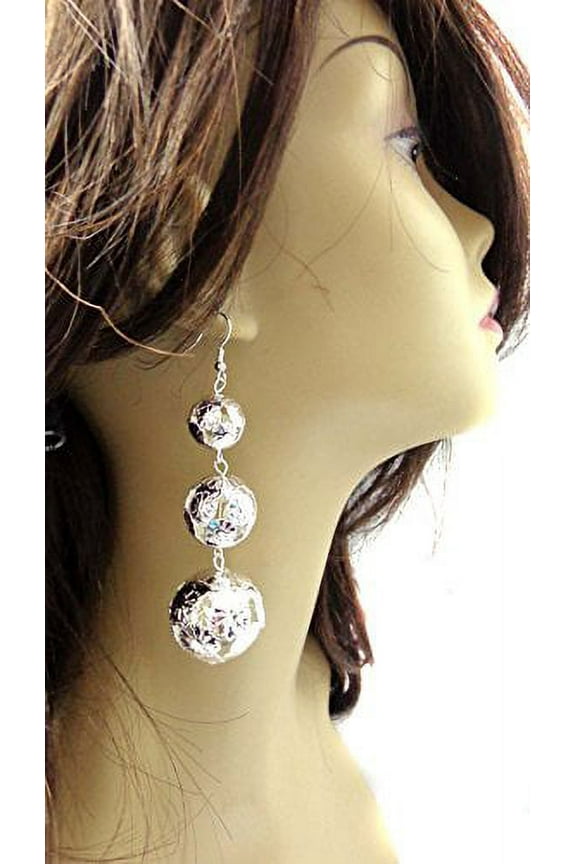 Silver Ball Dangle Earrings Triple Dangle 4 inch L
