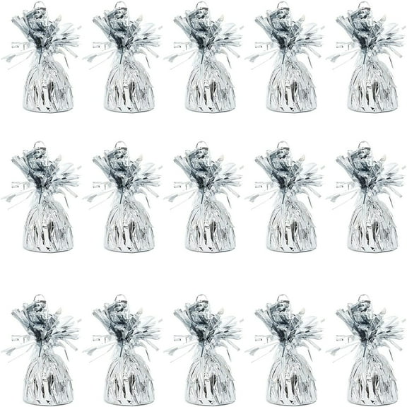 BLUE PANDA Balloon Weights - 4.5 x 2.35 in, Silver, 15 Pack - Table Balloon Stand Weight & Holder with Tinsel Tassel Fringe & Hook