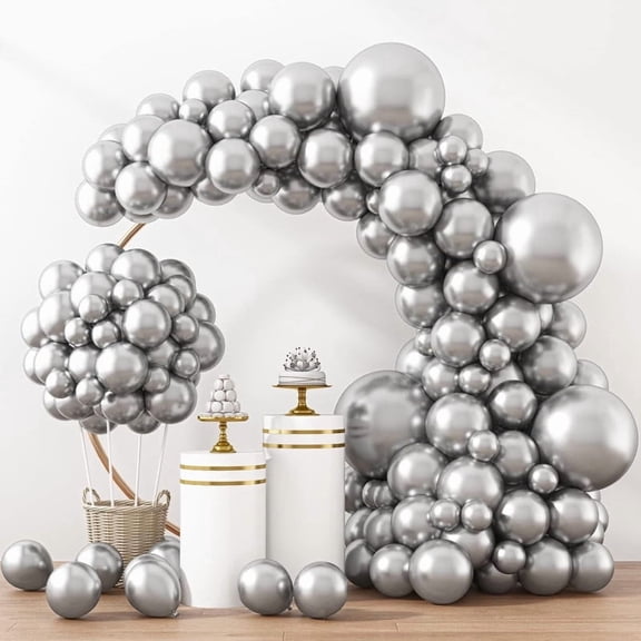 Silver Balloons 100 pcs Metallic Silver Balloons Sizes 12 Inches, Latex Balloon Garland Arch Kit for Birthday Party Graduation Wedding Holiday Decoration