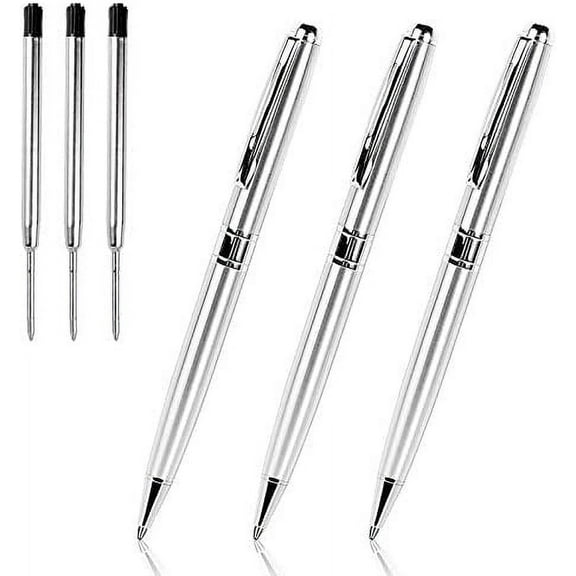 Cambond Ballpoint Pens Metal Pen - Silver Pens Black Ink for Gift Business Men Police Flight Attendant 1.0 mm Medium Point Office Pen, 3 Pens with 3 Refills (Silver)