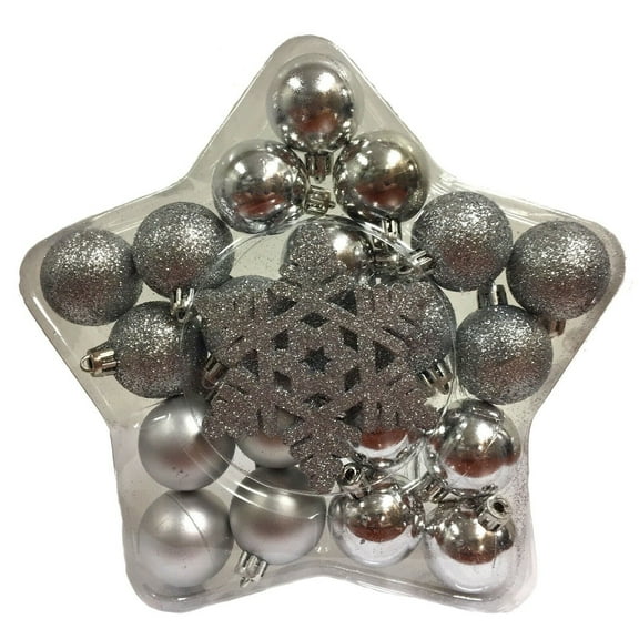 Silver Balls with Glitter Snowflakes Christmas Ornaments Set of 24 New