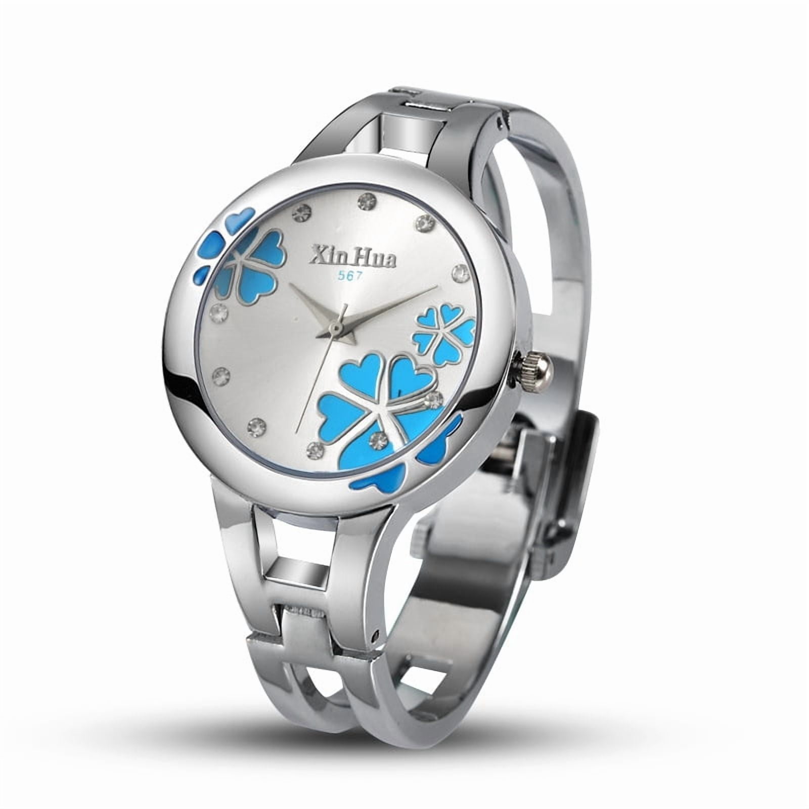 Silver Bangle Watch with Blue Flower Dial Minimalist Floral 