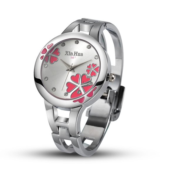 Silver Bangle Watch with Pink Flower Dial Fashion Floral Women’s Bracelet Watch