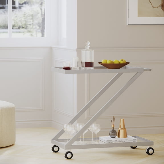 Silver Bar Cart with Tempered Glass Shelves, Rolling Mobile Kitchen Island Cart for Dining Room and Entertaining, 36.5L x 18.75W x 34H