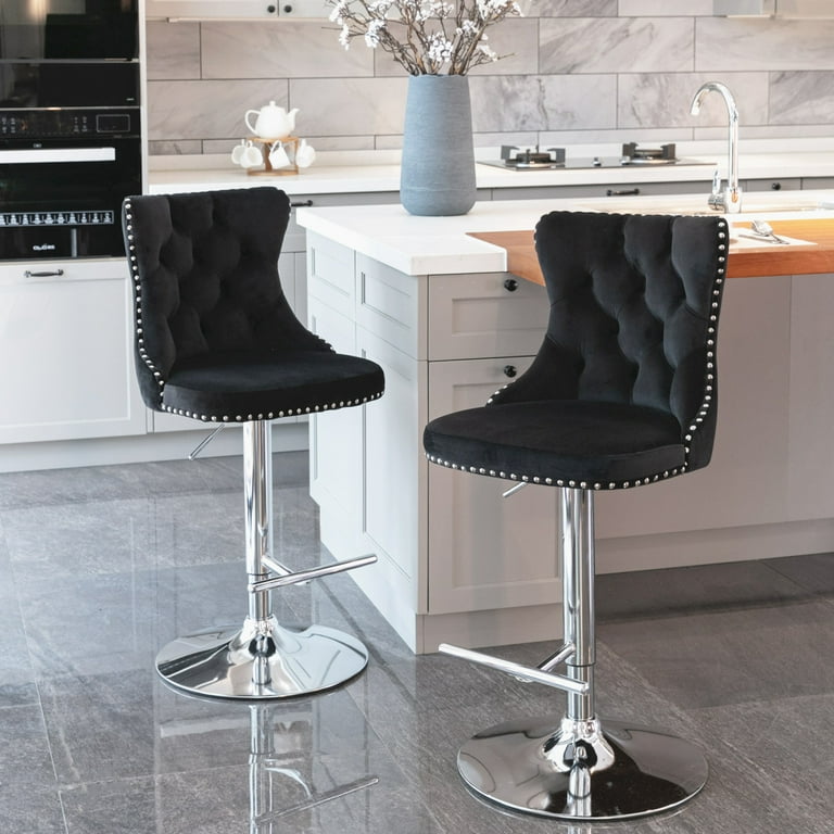 Silver Bar Stool Set of 2 Velvet Swivel Adjustable Height Barstools with Tufted Back and Footrest Modern Upholstered Dining Chairs Tall Bar Stools