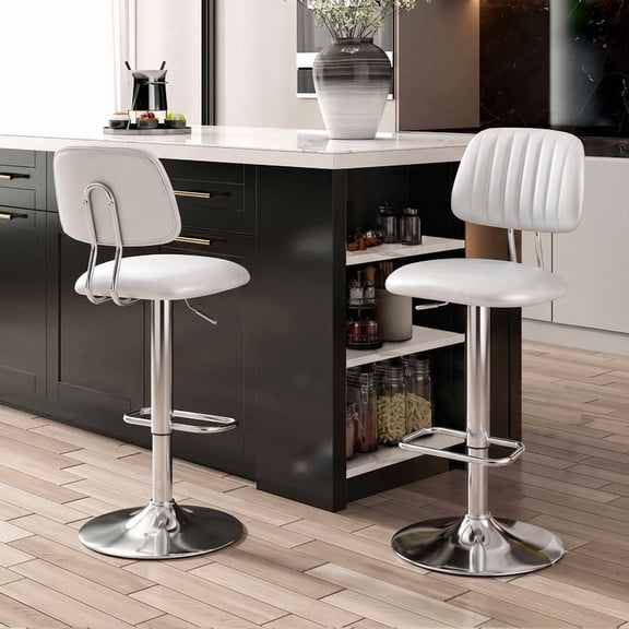Silver Bar Stools Set of 2, Adjustable Swivel PU Leather Adjustable Height Bar Stools with Back and Footrest for Kitchen Island, Dining Room & Home Bar