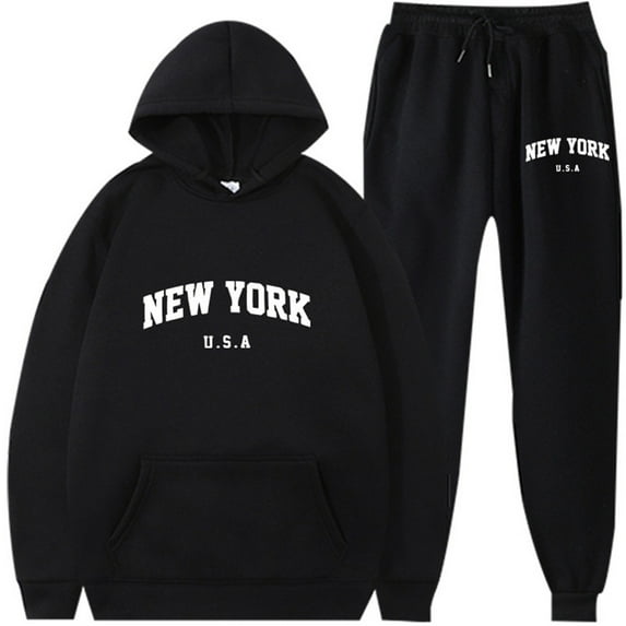 Silver Basic Adult Men's And Women's Solid Color New York Printed Hoodie Pants Sports Leisure Set L,BlackWhite-1