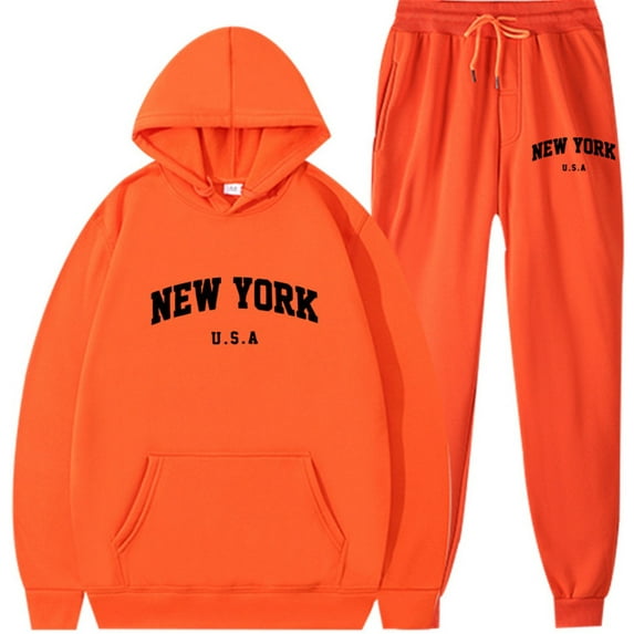 Silver Basic Adult Men's And Women's Solid Color New York Printed Hoodie Pants Sports Leisure Set L,JuBlack-1